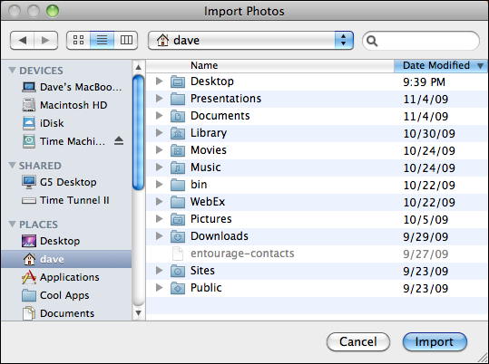 iphoto file import to library select