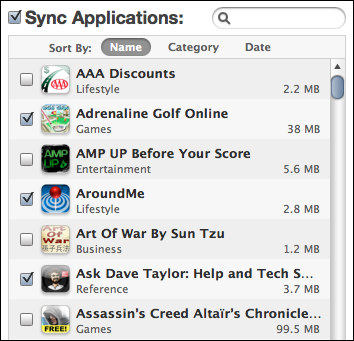 itunes iphone apps sync list