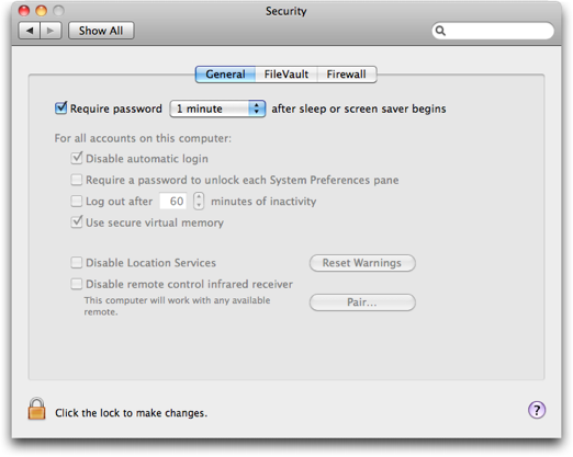 mac system preferences security require password