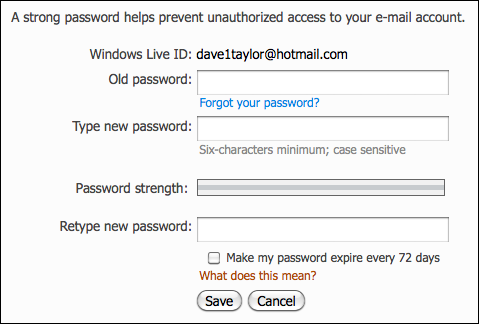 hotmail windows live account change password