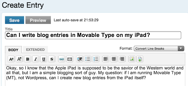 ipad movable type blogging entry looks good