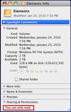 mac external drive read only get info
