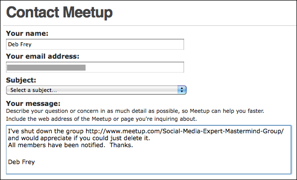 meetup organizer delete group request