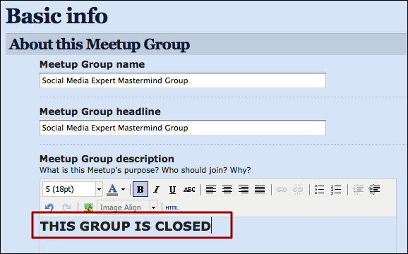 meetup organizer group settings basic info