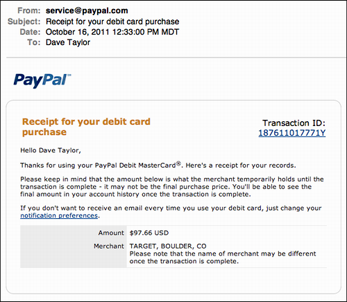 paypal debit card purchase email receipt