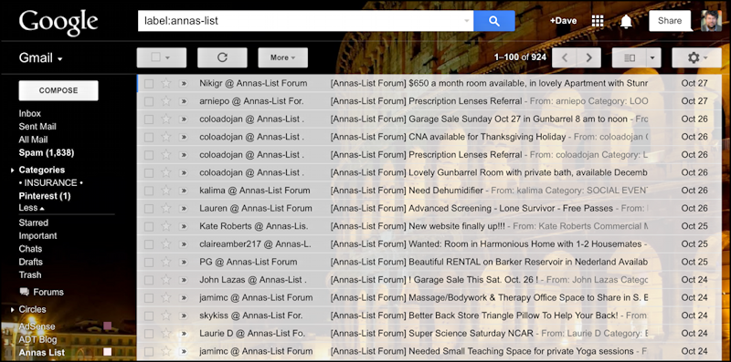 typical no split Gmail layout