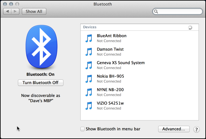 list of bluetooth devices in Mac OS X Maverick