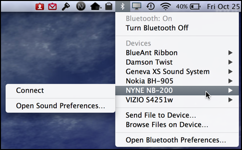 Bluetooth menu options in Mac OS X