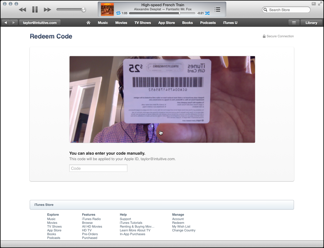 use camera to redeem itunes gift card