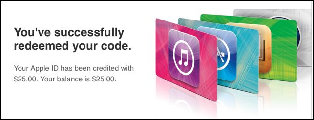 successfully redeemed apple itunes store gift code