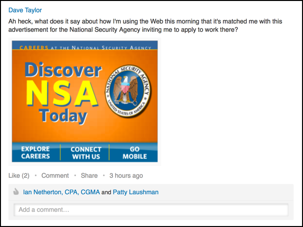 linkedin status update with NSA advert photo