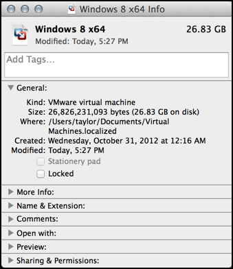 vm ware fusion disk space used