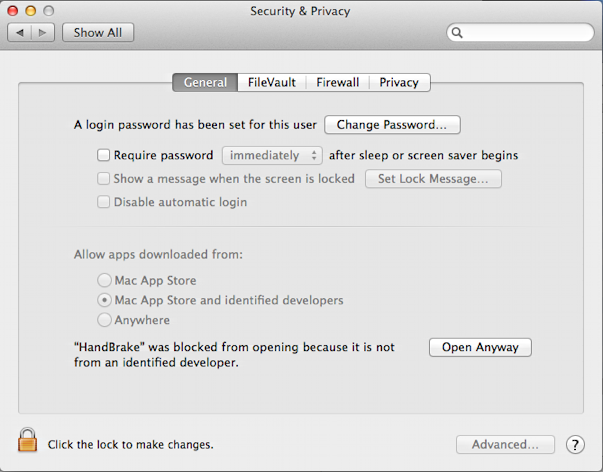 general security settings, mac os x 10.9