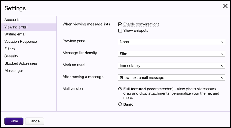 custom message display settings in yahoo mail