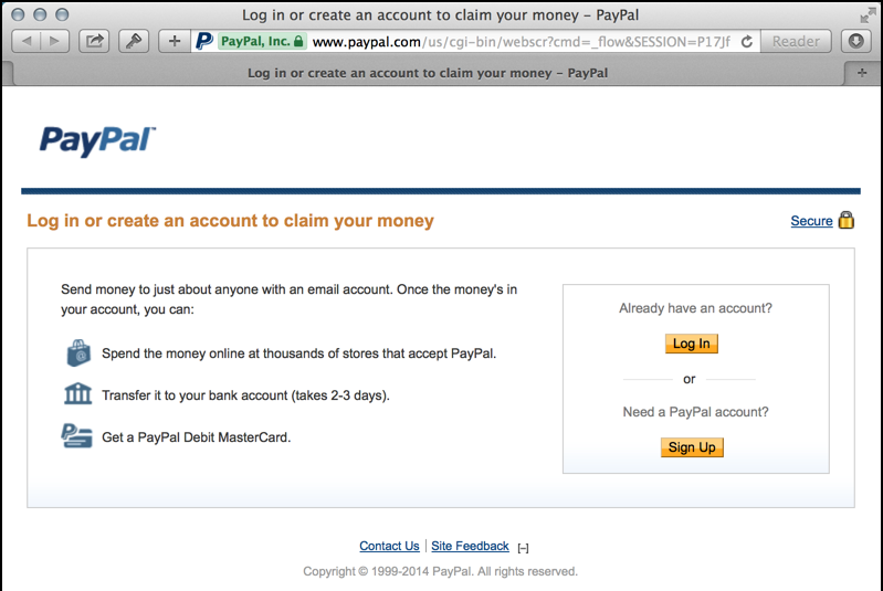 log in to PayPal screen