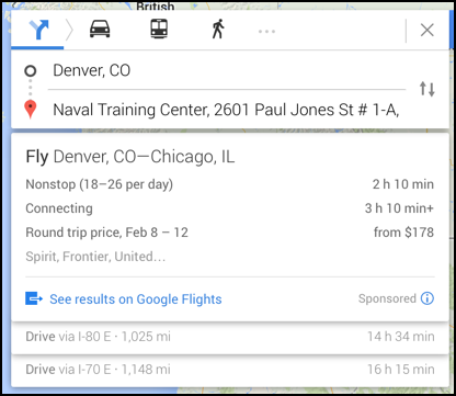 google flights shows airfare options, denver to chicago