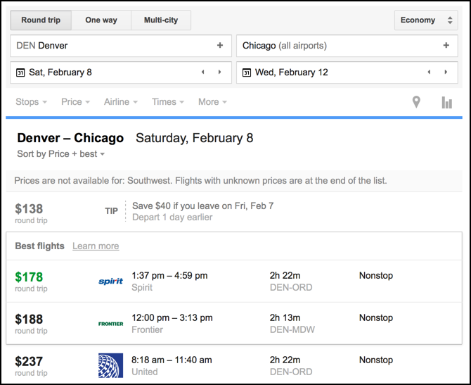 google flight results