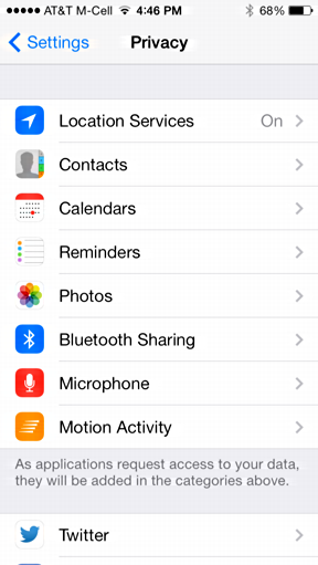 detail of privacy settings ios7