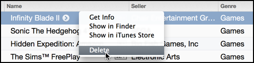 shortcut to delete app from itunes