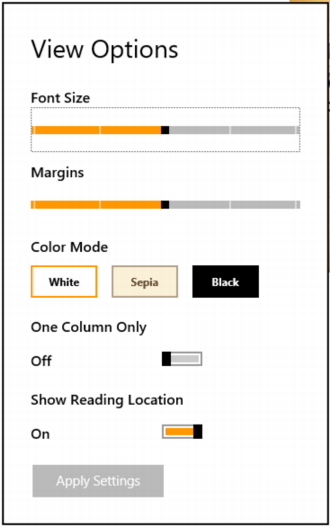 adjust view reading settings kindle app windows 8