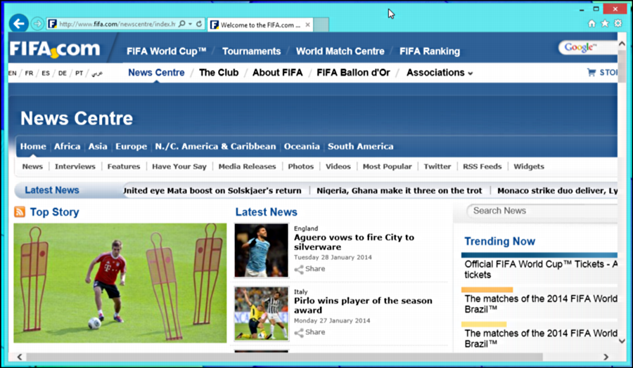 FIFA Web Site in Windows 8 MSIE 11