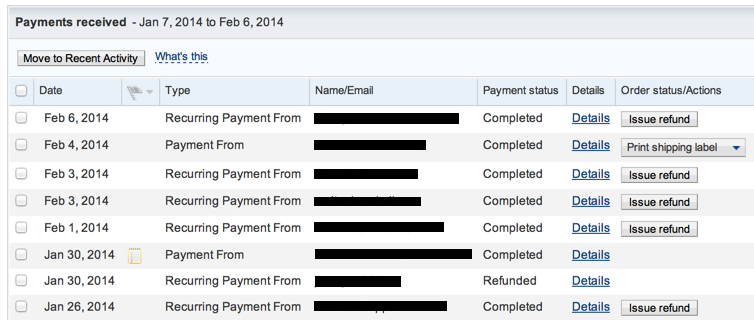 list of payments received