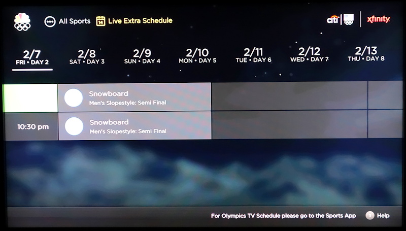 NBC Sports Live Extra Olympics coverage (app) with what's live now