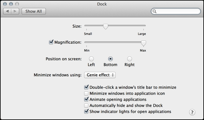 dock preferences and settings