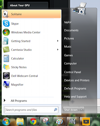 start menu with solitaire program link pinned