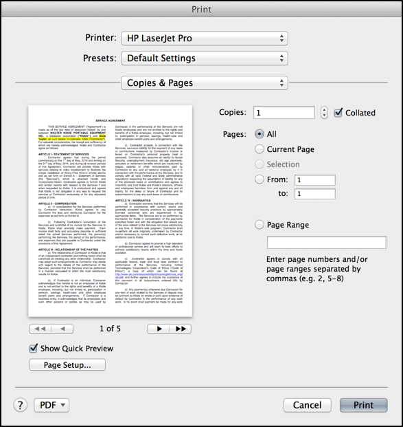 print document or file mac os x 