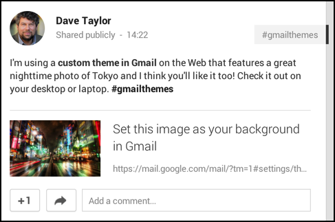 shared my custom gmail theme link on google plus