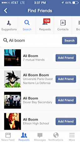 search results for a friend search on the facebooks