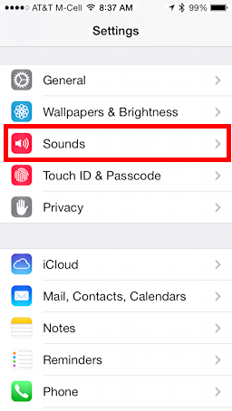 Settings, with Sounds highlighted in iOS 7