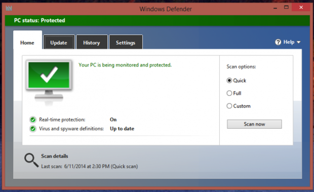 home tab / quick scan / win8 defender