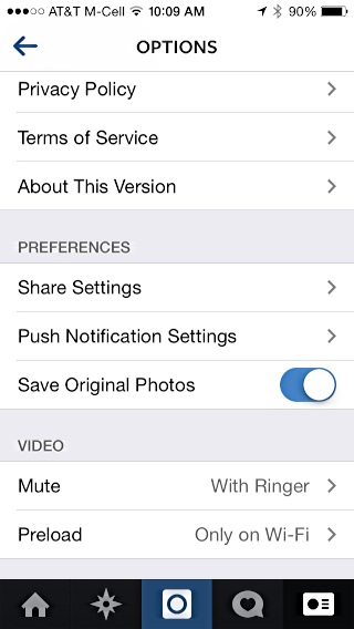 settings and preferences, instagram on an ios 8 iphone 5s