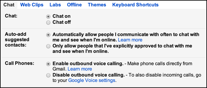 google chat voice phone calls within gmail settings