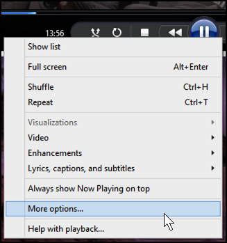 main contextual menu windows media player windows 8 win8