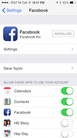 facebook main settings screen, iphone 5s, ipad mini