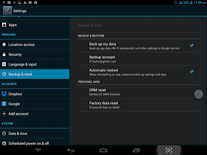 how to reset to factory settings android tablet