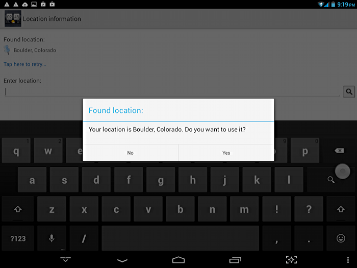 confirm your location for tablet weather app widget 