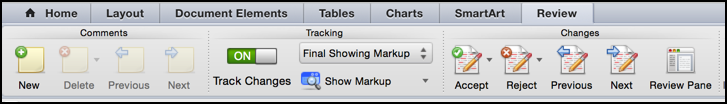 reviewing / revision tracking toolbar ribbon 