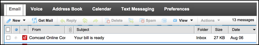 primary tool bar navigation comcast xfinity mail system