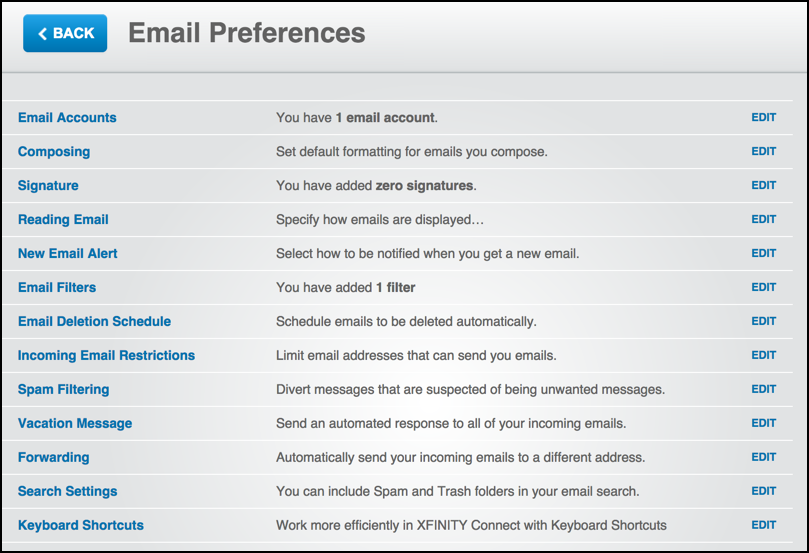 comcast webmail preferences and settings email