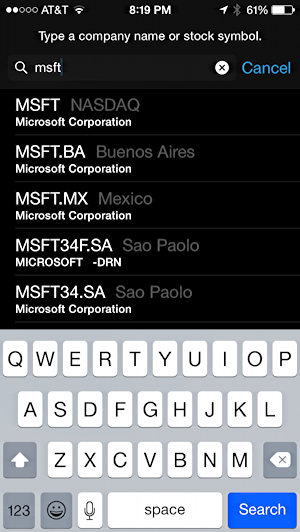 MSFT Microsoft stock symbol in stocks app ios8 iphone 6 plus