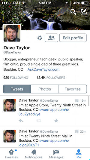 twitter app view of your own account 