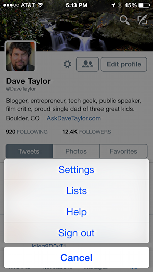 settings and options, twitter application program iphone 