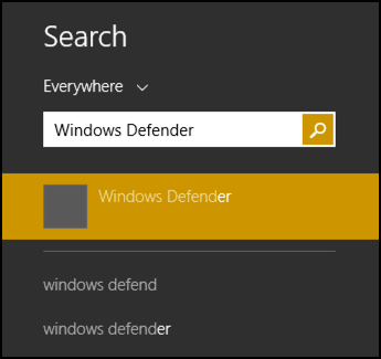 search for windows defender in win8