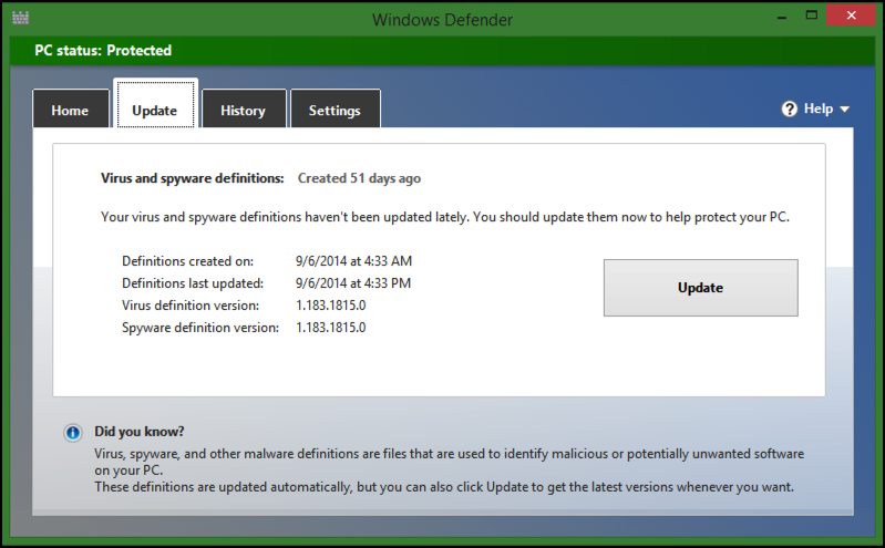 update your virus spyware malware definitions data info dictionary database windows defender