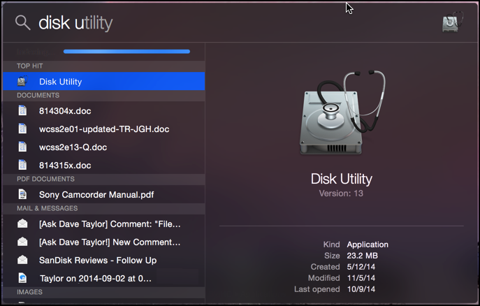 mac os x yosemite 10.10 disk utility spotlight