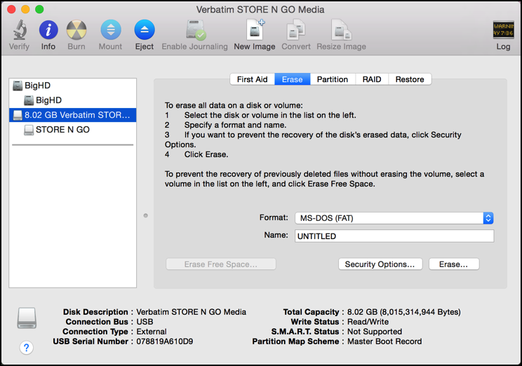 mac disk utility - time to erase a flash usb thumb drive